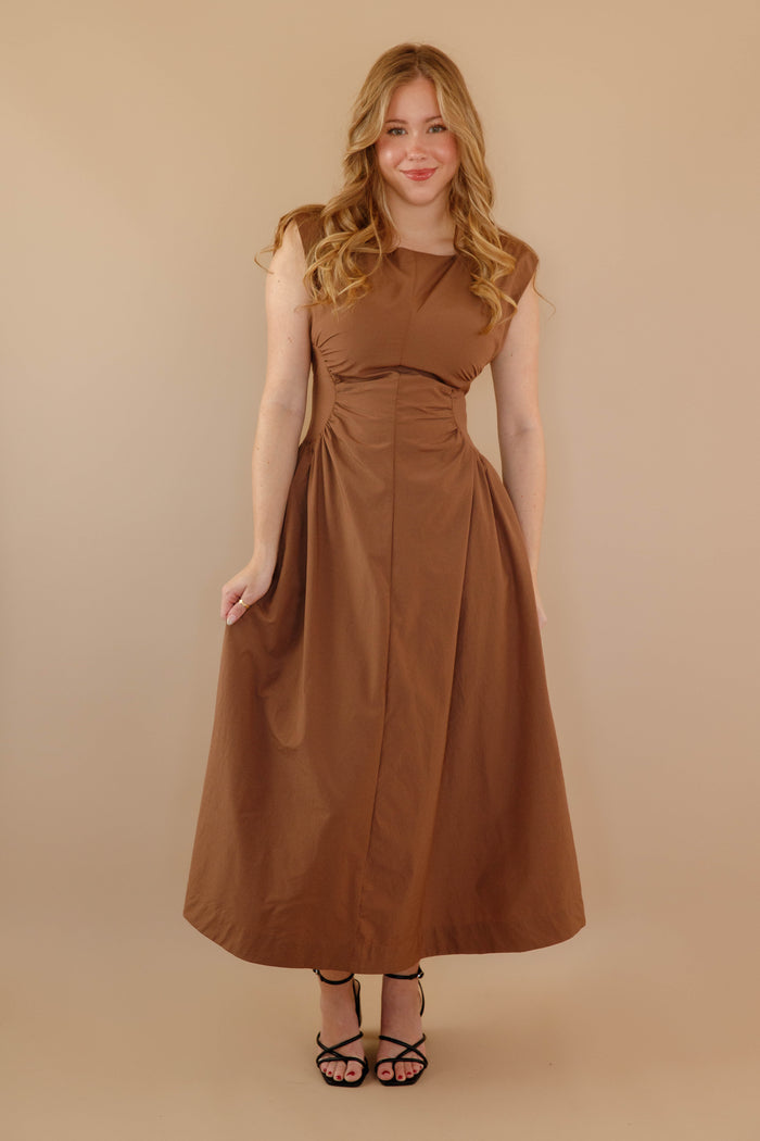 Solid Brown Midi Dress- Cinched Waist Midi Dress- Women's Modern Midi Dress