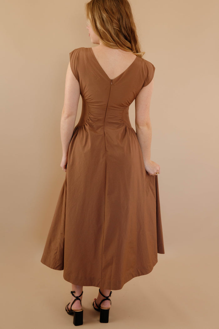 Solid Brown Midi Dress- Cinched Waist Midi Dress- Women's Modern Midi Dress