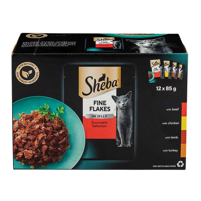 Sheba Fine Flakes Wet Cat Food Pouches Succulent Selection In Jelly 12 X 85g