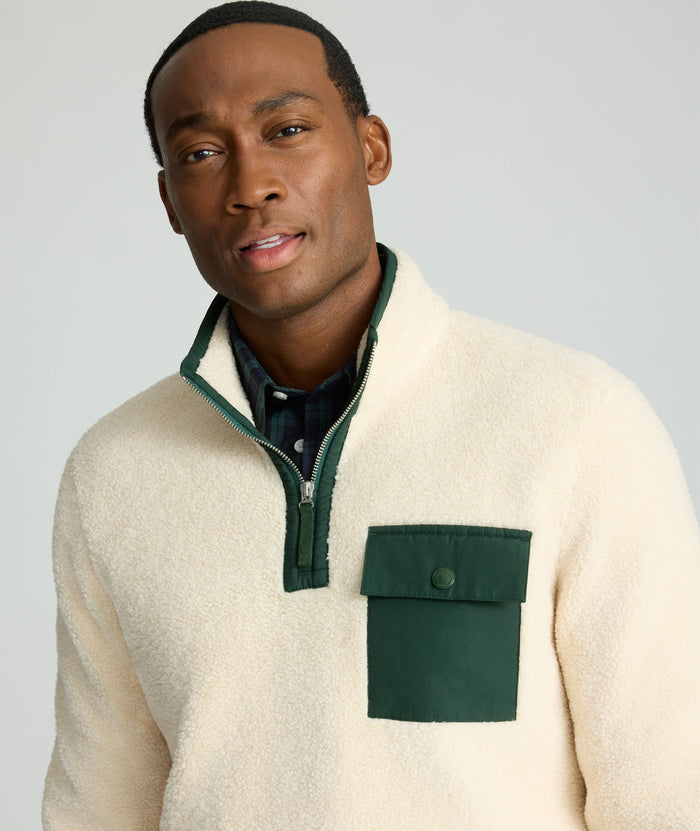 Model is wearing UNTUCKit Sherpa Pullover.