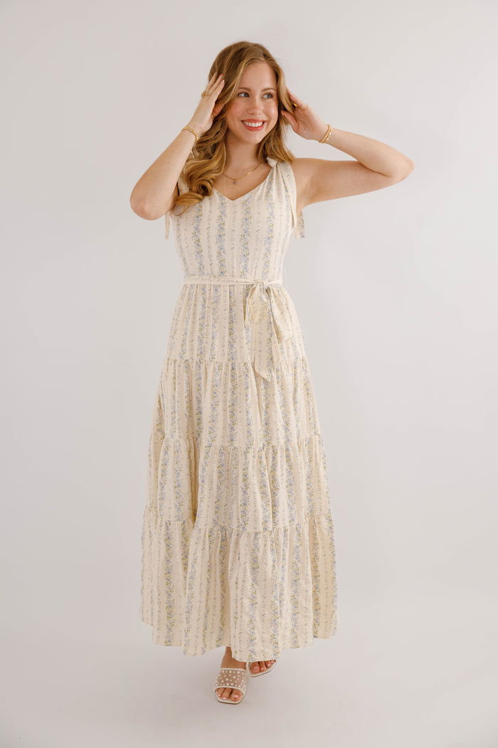 Blue Striped Floral Maxi Dress- Women's Elegant Floral Maxi Dress- Heyson Blue Floral Dress