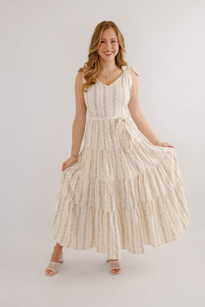 Blue Striped Floral Maxi Dress- Women's Elegant Floral Maxi Dress- Heyson Blue Floral Dress
