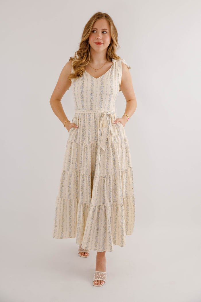 Blue Striped Floral Maxi Dress- Women's Elegant Floral Maxi Dress- Heyson Blue Floral Dress