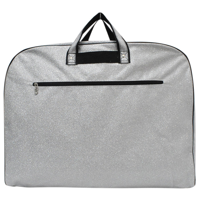 silver glitter garment bag, NGIL garment bag, dance garment bag, cheer garment bag, travel garment bag, competition garment bag, dancewear storage bag, wrinkle-free travel bag, glitter travel bag, dancer travel bag, cheerleader travel bag, monogram garment bag, foldable garment bag, lightweight dance bag, dance competition bag, glitter cheer bag, garment bag with hook, glitter clothing bag, sparkly garment bag, stylish travel bag, costume storage bag, dance outfit bag, cheer uniform bag
