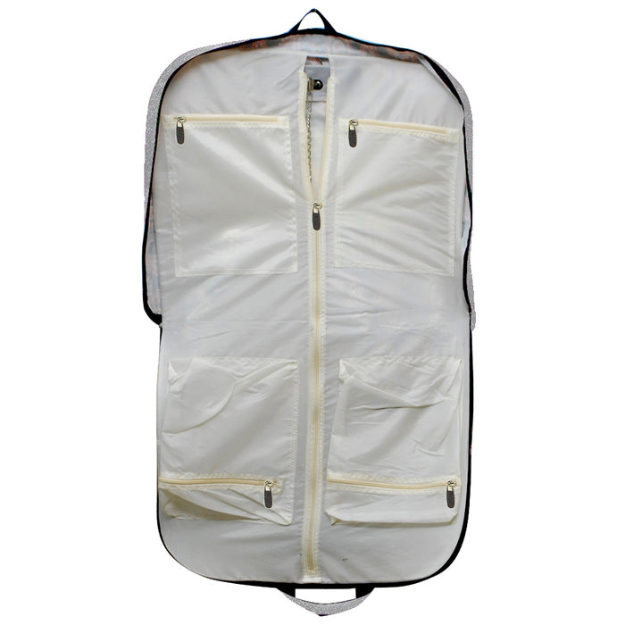 silver glitter garment bag, NGIL garment bag, dance garment bag, cheer garment bag, travel garment bag, competition garment bag, dancewear storage bag, wrinkle-free travel bag, glitter travel bag, dancer travel bag, cheerleader travel bag, monogram garment bag, foldable garment bag, lightweight dance bag, dance competition bag, glitter cheer bag, garment bag with hook, glitter clothing bag, sparkly garment bag, stylish travel bag, costume storage bag, dance outfit bag, cheer uniform bag