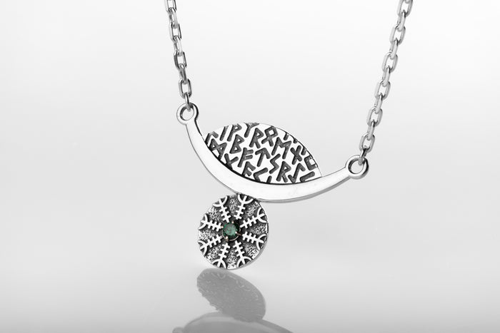 vkngjewelry Pendant Silver Rune Arc Pendant with Green CZ