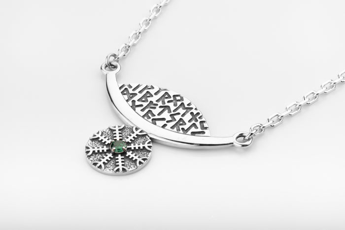 vkngjewelry Pendant Silver Rune Arc Pendant with Green CZ