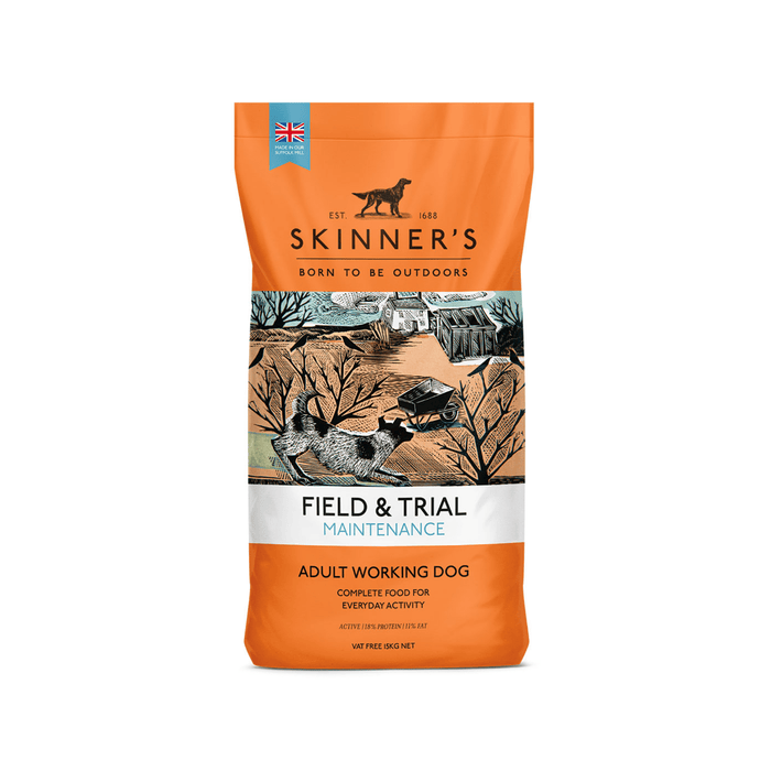A bag of Skinner's Field & Trial Maintenance dog food for adult working dogs, featuring a orange bag with a central illustration of a lake, trees, and dogs.