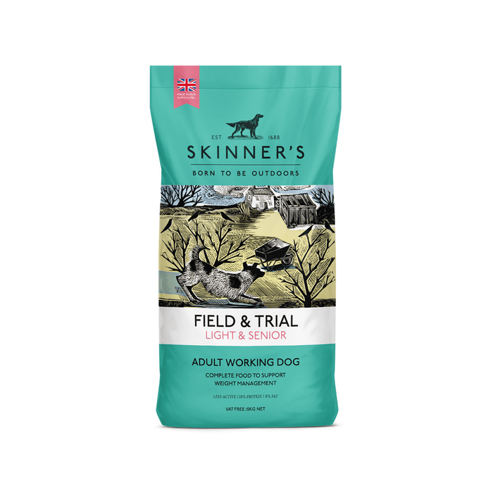 A bag of Skinner's Field & Trial Light & Senior dog food for adult working dogs, featuring a teal bag with a central illustration of a field, trees, and dogs.