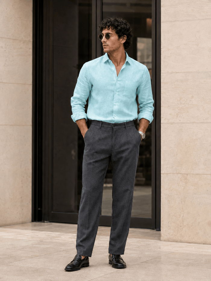 Sky Blue 60Lea Pure Linen Shirt For Men - Punekar Cotton