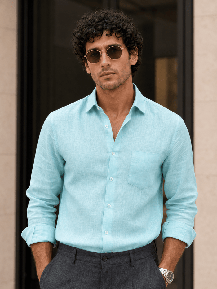 Sky Blue 60Lea Pure Linen Shirt For Men - Punekar Cotton