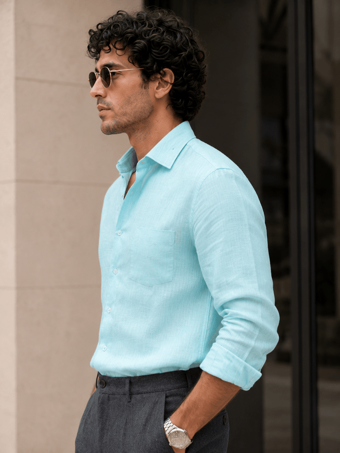 Sky Blue 60Lea Pure Linen Shirt For Men - Punekar Cotton