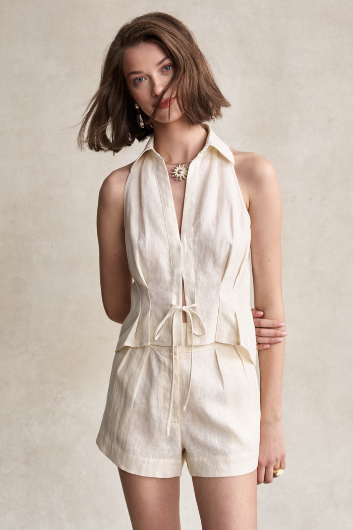 HEVRON Zinna Short Ivory Linen Shorts for Women, studio shot
