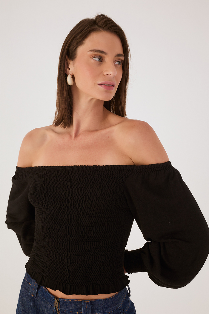 Smocked Sleeve Knit Blouse