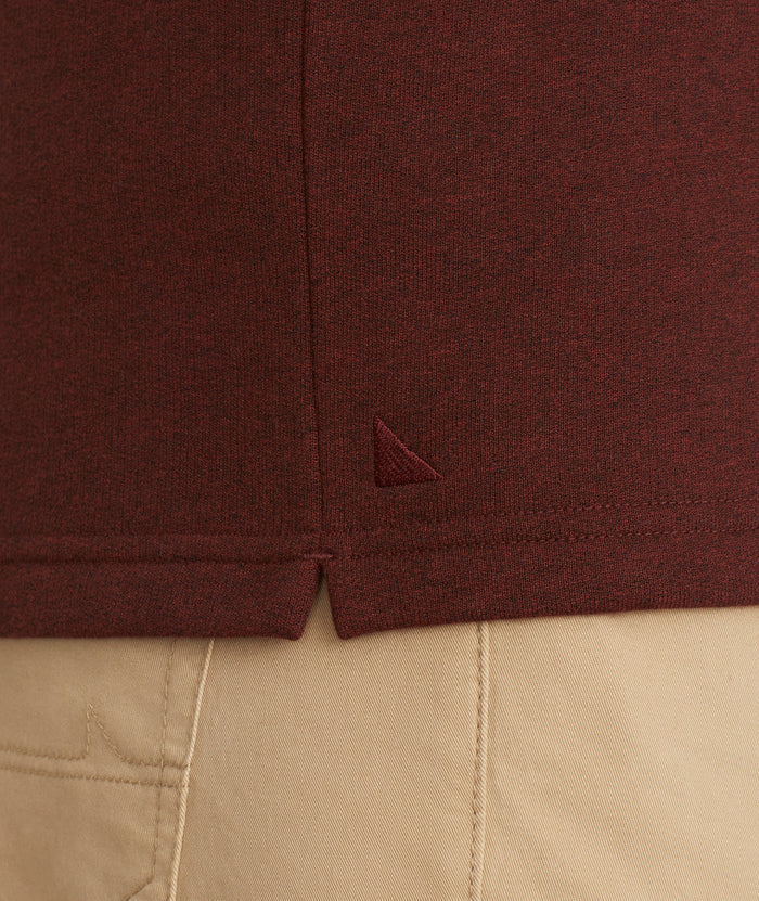 Model is wearing UNTUCKit Snap Fleece Pullover in Brick Red.