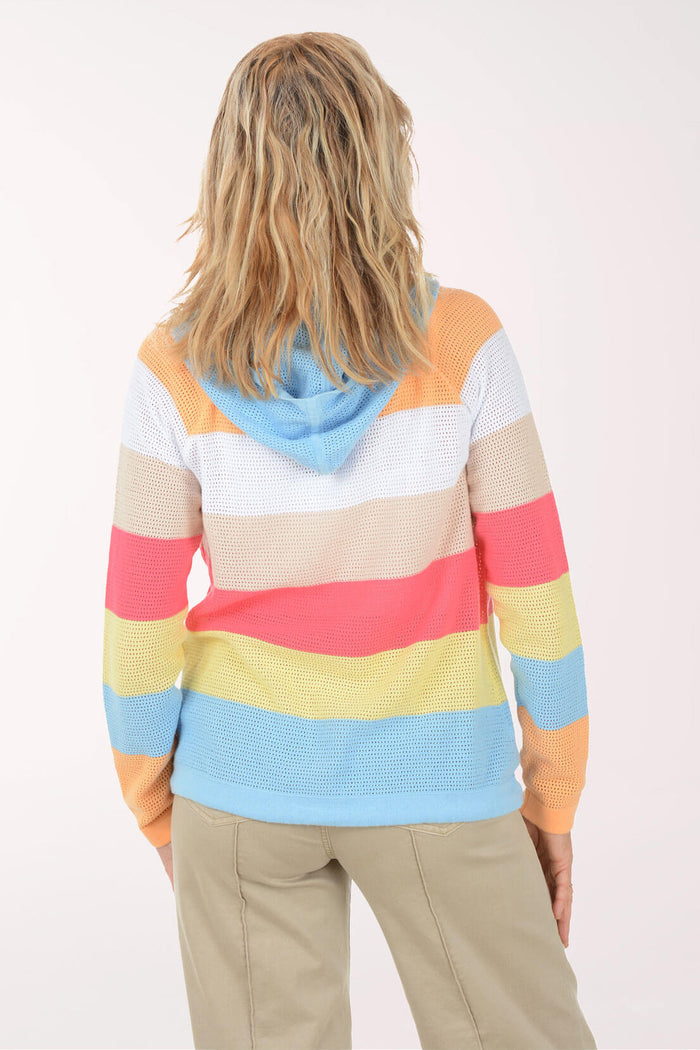 Person wearing a colorful striped sweater on a white background