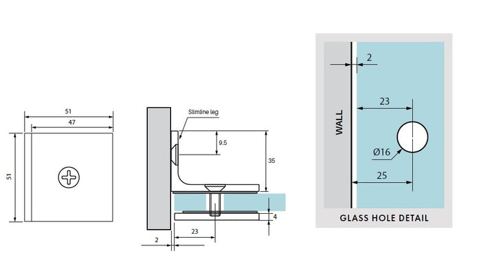 Square slimline offset wall bracket for frameless glass shower screens - Brushed Brass / Satin Gold - Image 2
