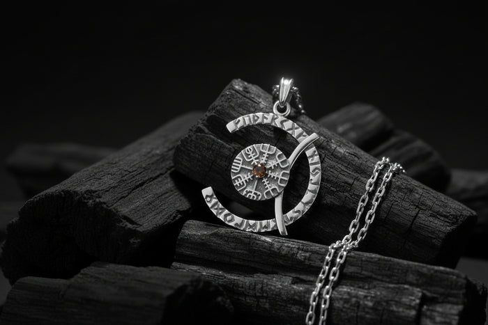 vkngjewelry Pendant Sterling Silver Rune Crescent Pendant Brown CZ Vegvisir Center