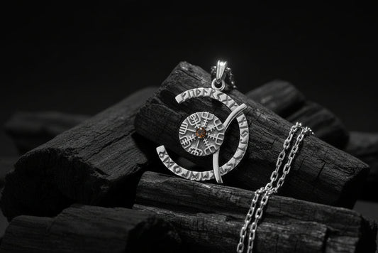 vkngjewelry Pendant Sterling Silver Rune Crescent Pendant Brown CZ Vegvisir Center
