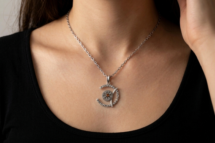 vkngjewelry Pendant Sterling Silver Rune Crescent Pendant Brown CZ Vegvisir Center