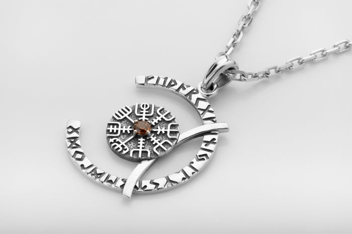 vkngjewelry Pendant Sterling Silver Rune Crescent Pendant Brown CZ Vegvisir Center