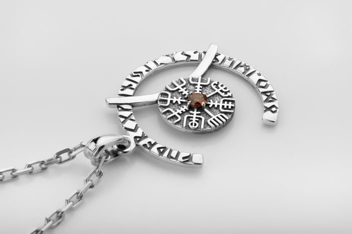 vkngjewelry Pendant Sterling Silver Rune Crescent Pendant Brown CZ Vegvisir Center