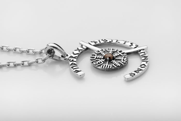 vkngjewelry Pendant Sterling Silver Rune Crescent Pendant Brown CZ Vegvisir Center