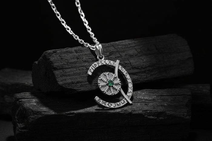 vkngjewelry Pendant Sterling Silver Rune Crescent Pendant Green CZ Aegishjalmur Center