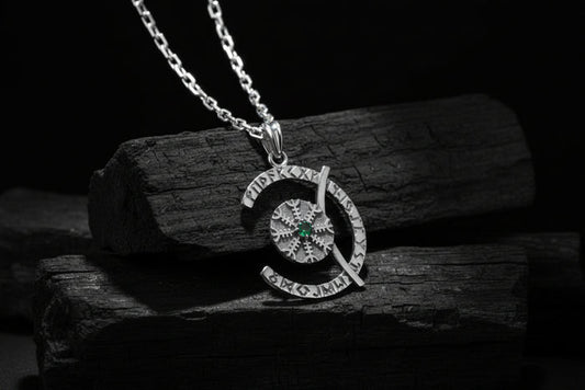 vkngjewelry Pendant Sterling Silver Rune Crescent Pendant Green CZ Aegishjalmur Center