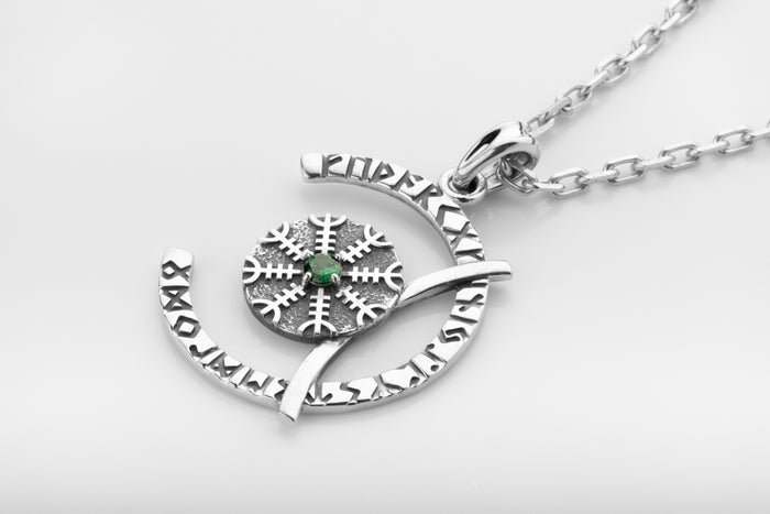 vkngjewelry Pendant Sterling Silver Rune Crescent Pendant Green CZ Aegishjalmur Center