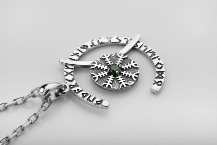 vkngjewelry Pendant Sterling Silver Rune Crescent Pendant Green CZ Aegishjalmur Center