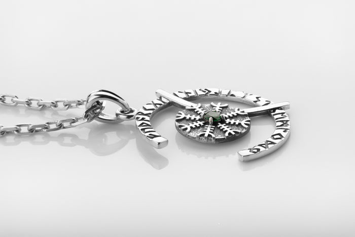 vkngjewelry Pendant Sterling Silver Rune Crescent Pendant Green CZ Aegishjalmur Center
