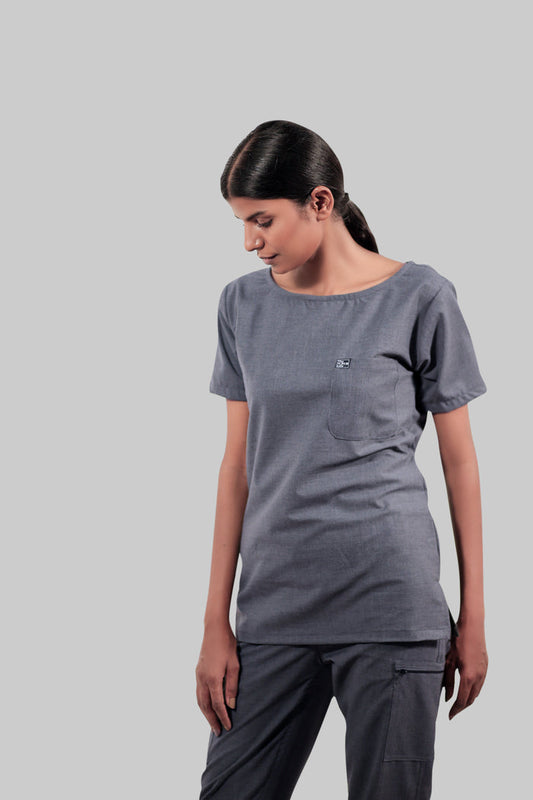 Stretchable (4Way) Women Dark Gray Boat Neck Scrub Top