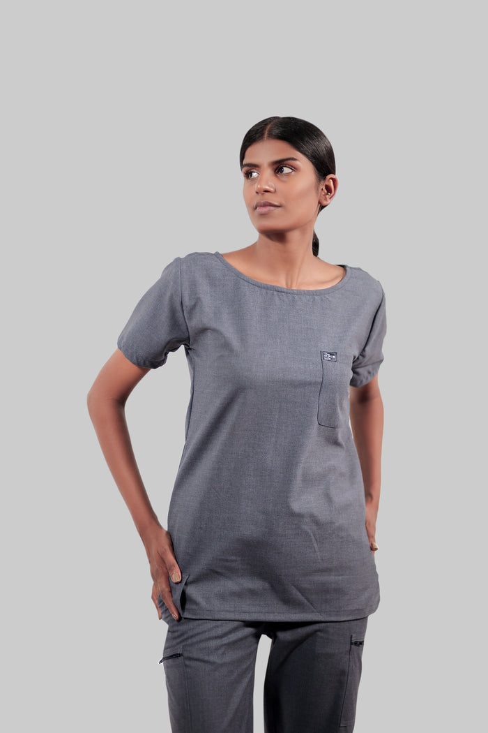Stretchable (4Way) Women Dark Gray Boat Neck Scrub Top