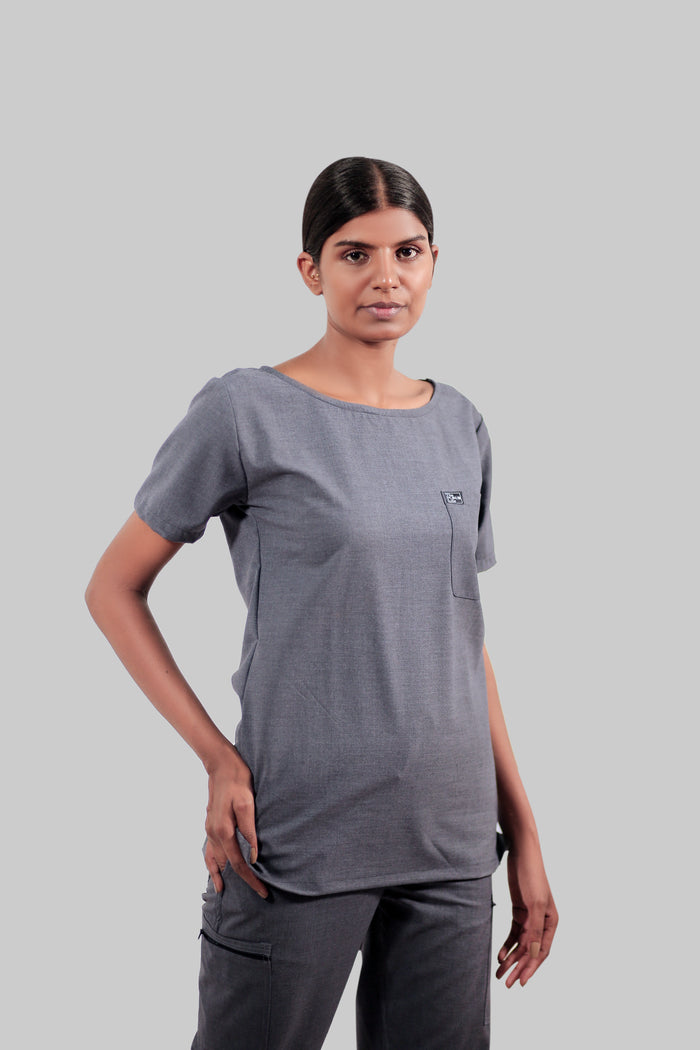 Stretchable (4Way) Women Dark Gray Boat Neck Scrub Top