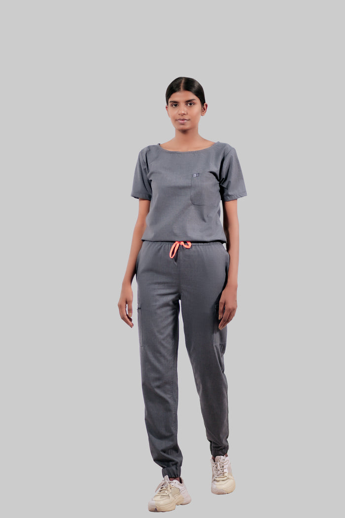 Stretchable (4Way) Women Dark Gray Boat Neck Scrub Top