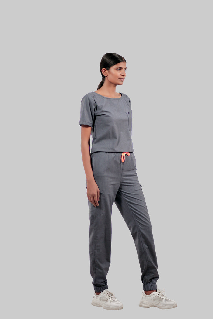 Stretchable (4Way) Women Dark Gray Boat Neck Scrub Top