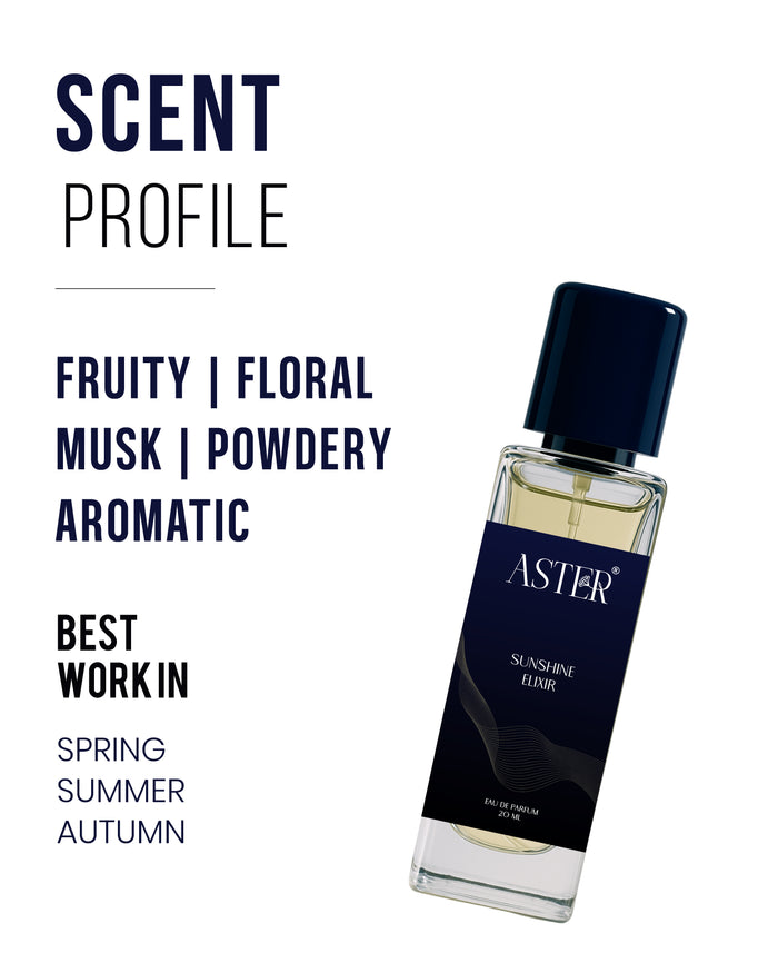 Sunshine Elixir EDP for Men 20ml bottle with golden sunburst label.