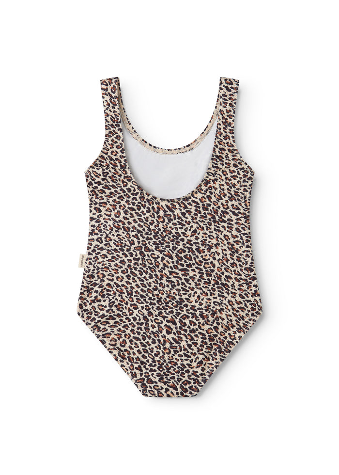 Leopard‑patterned swimsuit with round neckline and beige trim at the neck.