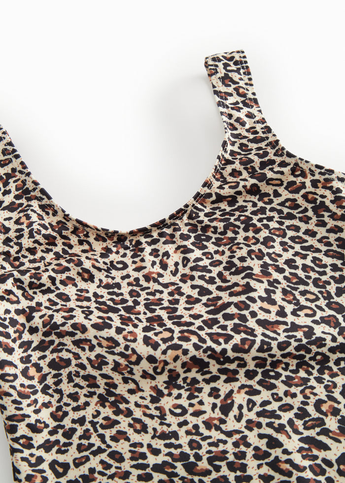 Children's swimwear with a brown leopard pattern.