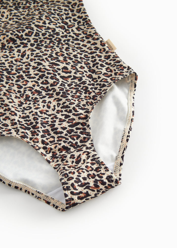 Children's swimwear with a brown leopard pattern.
