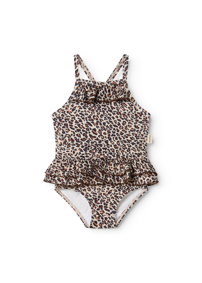 Brown leopard-patterned swimsuit with crossed straps and ruffle skirt