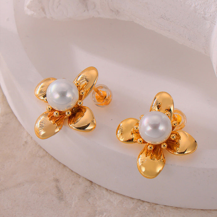 Trendsi synthetic pearl titanium earrings with gold floral design and round pearl center
