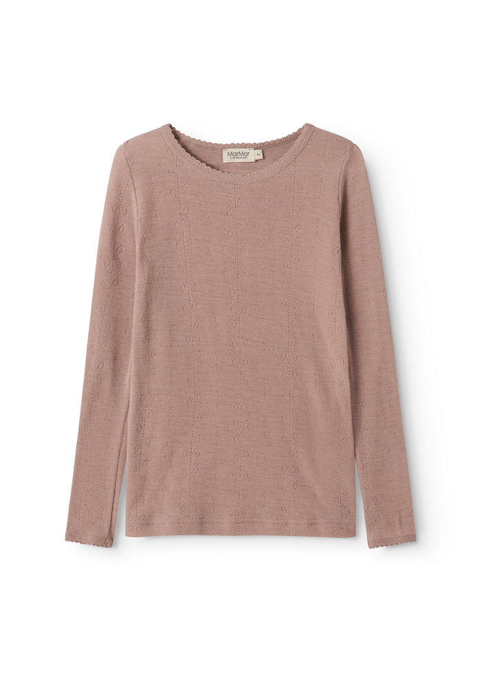 Rosa uld T-shirt med rund hals og lange ærmer i pointelle-strik.