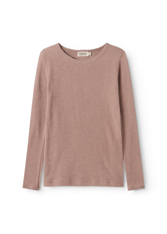 Rosa uld T-shirt med rund hals og lange ærmer i pointelle-strik.