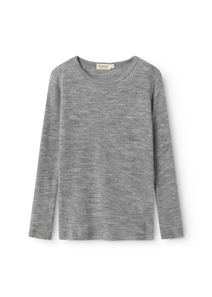 Uld pointelle t-shirt i grå meleret med rund hals og lange ærmer