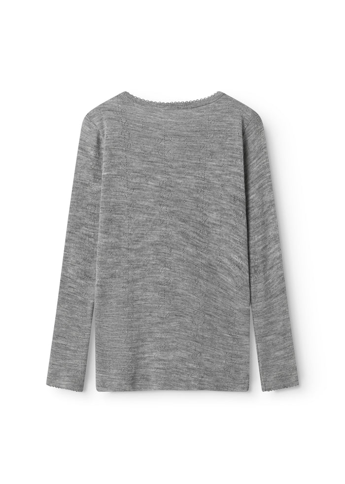 Uld pointelle t-shirt i grå meleret med rund hals og lange ærmer (ryg)
