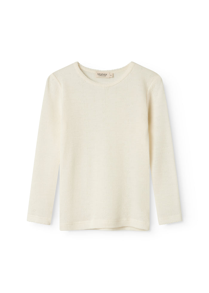 Uld pointelle T-shirt i natur, rund hals og lange ærmer