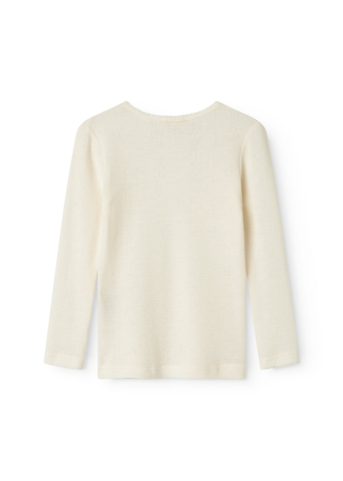 Uld pointelle T-shirt i natur med rund hals og lange ærmer, set bagfra