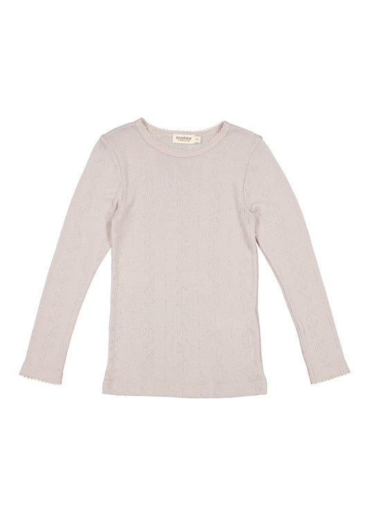 Uld pointelle-langærmet T-shirt i blød duefarve med rund hals og enkle sømme